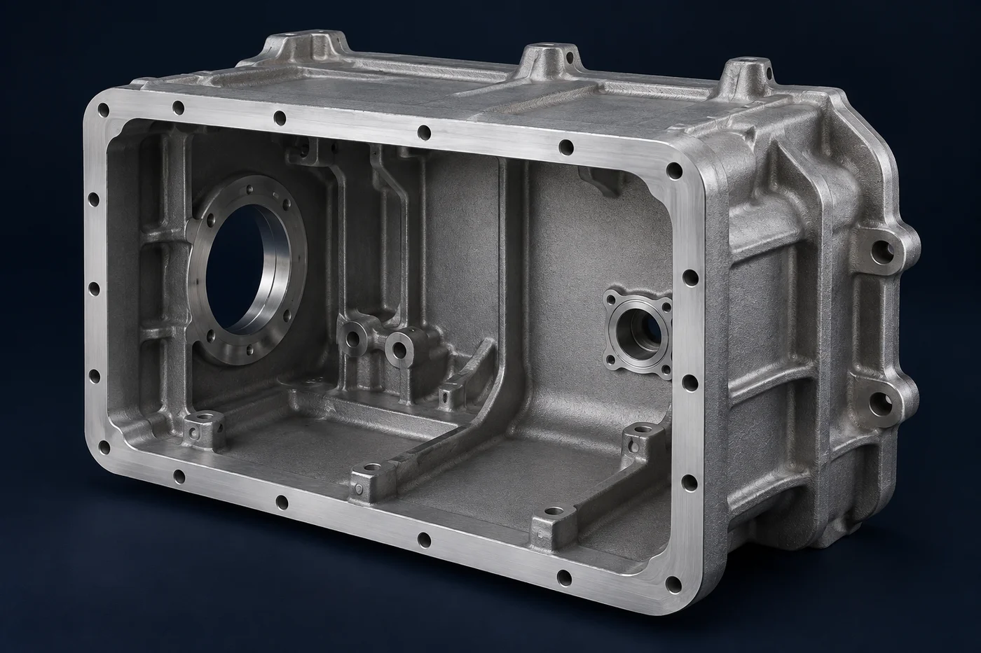 Concept rendering of a ribbed aluminum industrial enclosure with machined interfaces