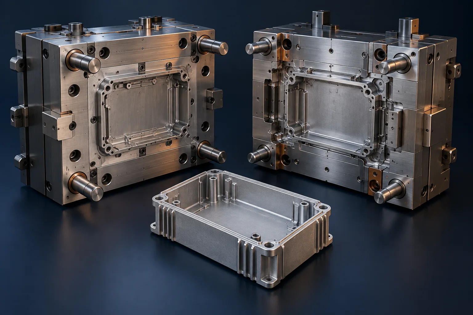 Technical visualization of a die casting tool and aluminum enclosure