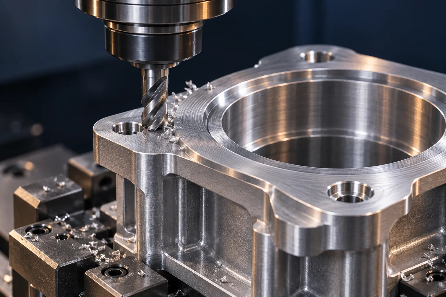 Technical rendering of CNC milling on an aluminum component