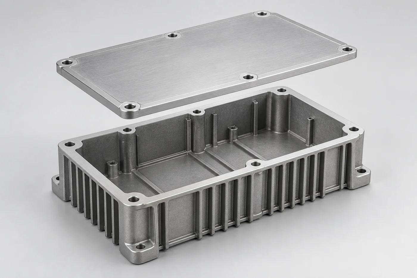 Exploded aluminum enclosure concept with separate cover and mounting features
