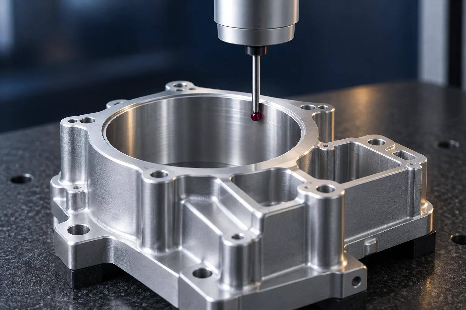 Technical visualization of dimensional measurement on an aluminum part