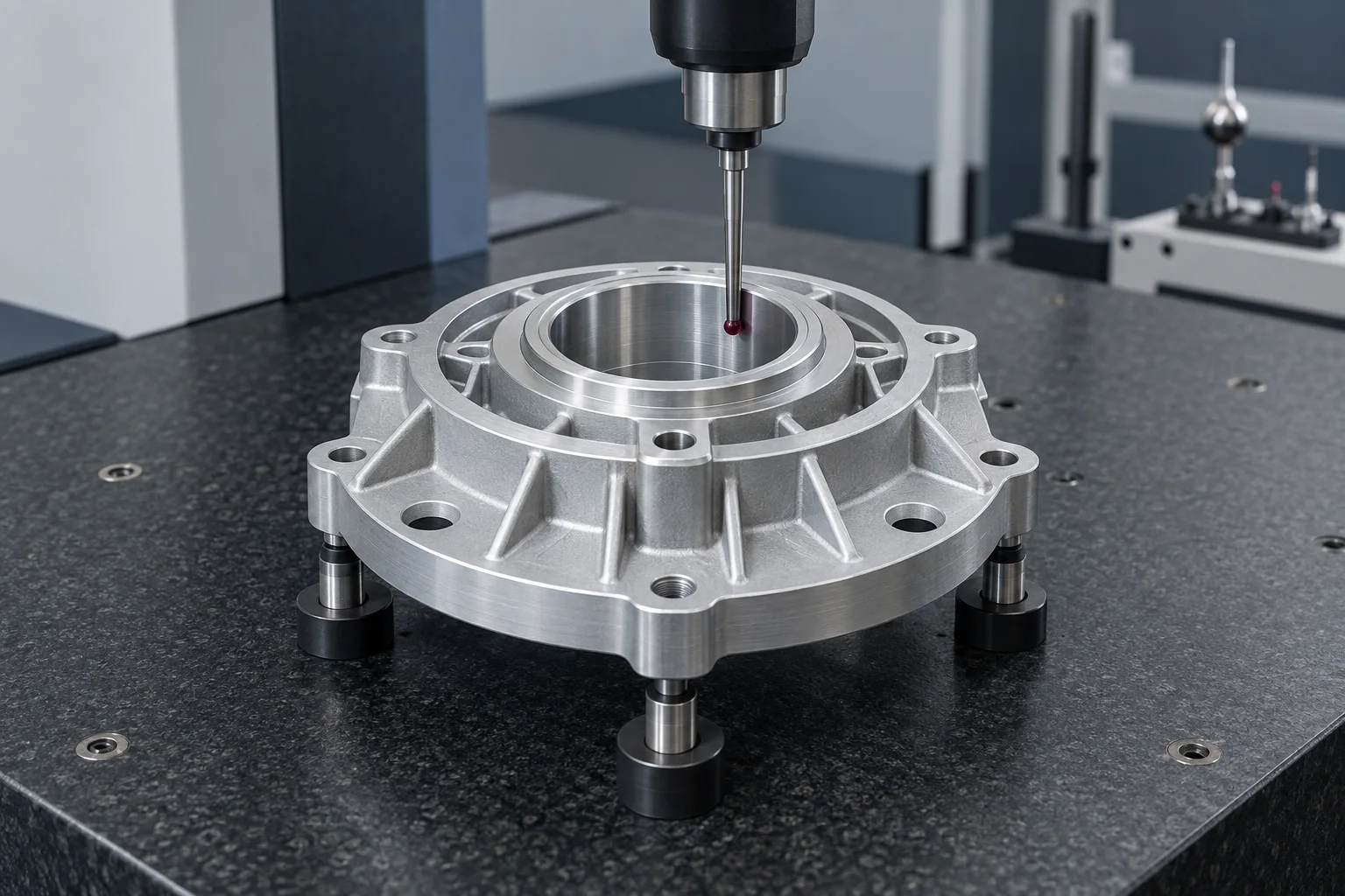 AI illustration of a CMM probe at an aluminum end-cap bearing bore