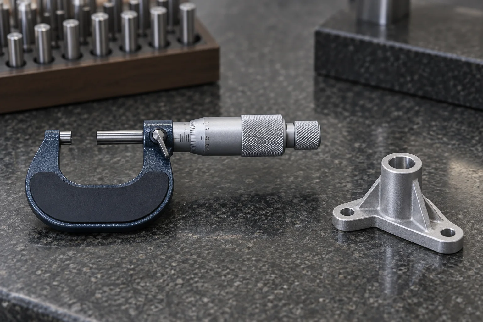 AI illustration of an outside micrometer and aluminum bracket on an inspection bench